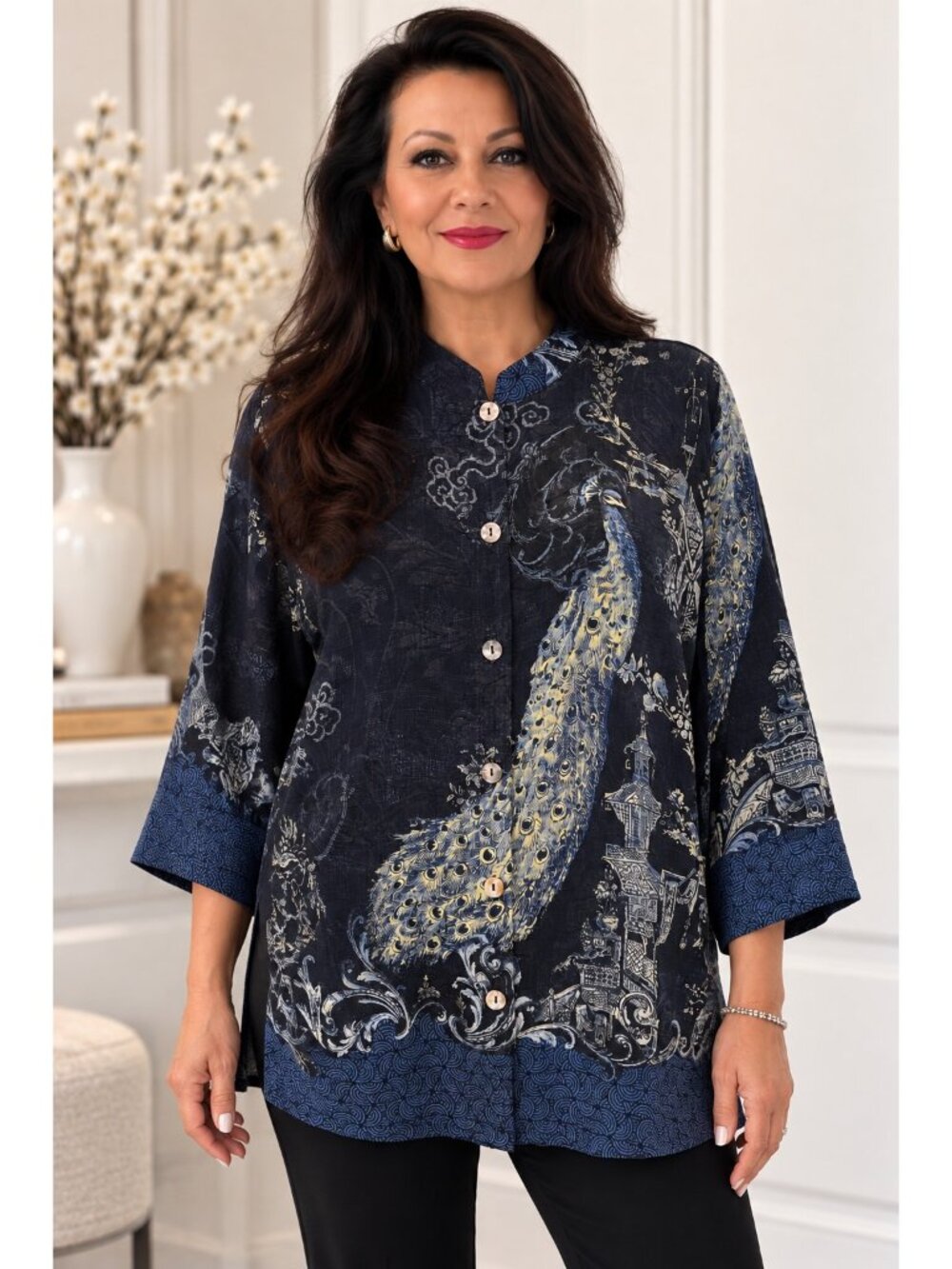 Citron Santa Monica 0X Silk Blend Peacock Art to Wear Chinoiserie Blouse